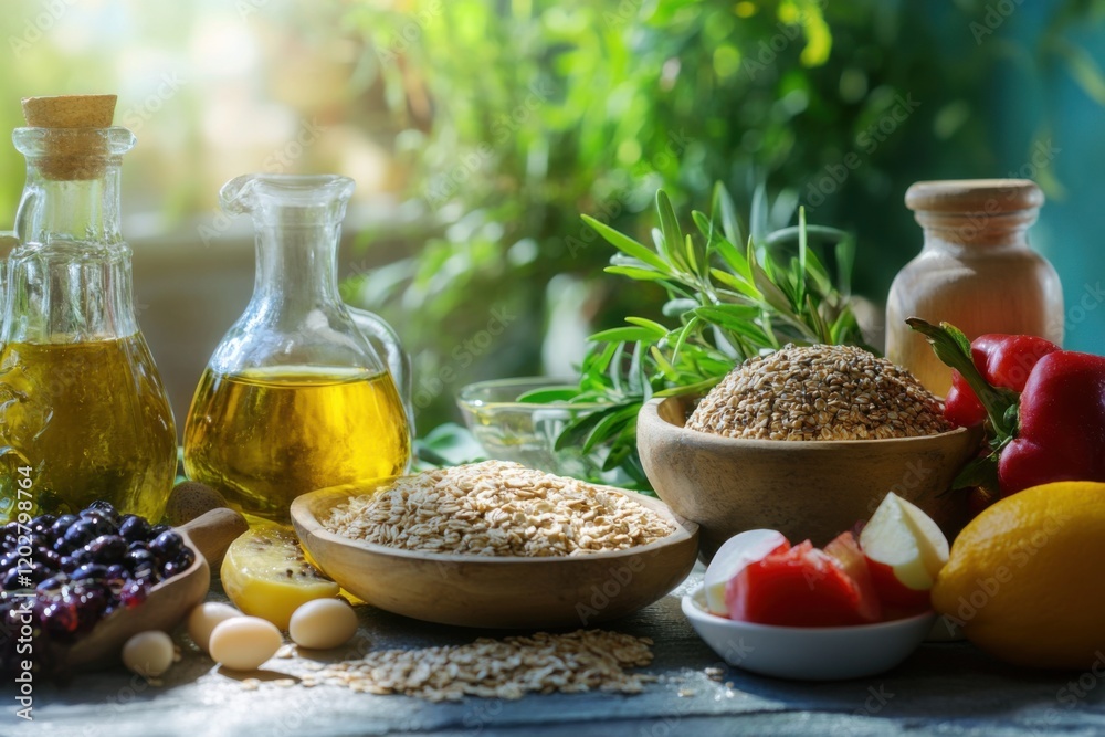 A creative display of a Mediterranean diet breakfast, featuring whole grains, fresh fruits A creative display of a Mediterranean diet breakfast, featuring whole grains, fresh fruits