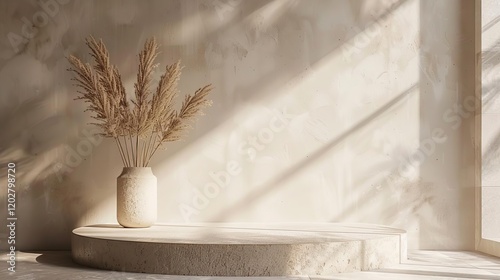 a vase with some dried plants in it on a ledge photo