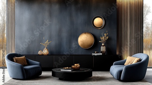 Art Deco Minimalist Living Room with Blue Sofa, Armchair, and Black Cabinet Against Stucco Wall