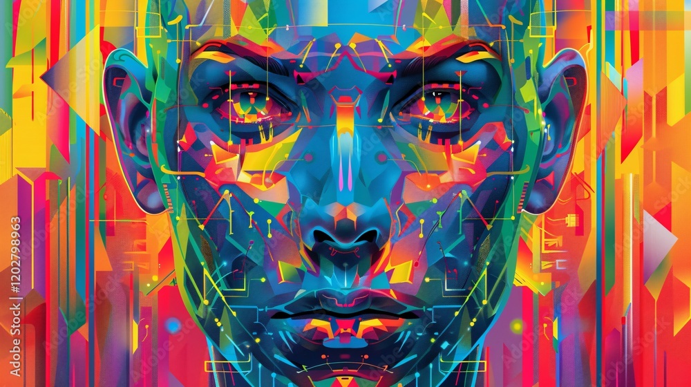 Obraz premium Caucasian cyborg with weird and flashy design, rainbow colored simple background, adult face