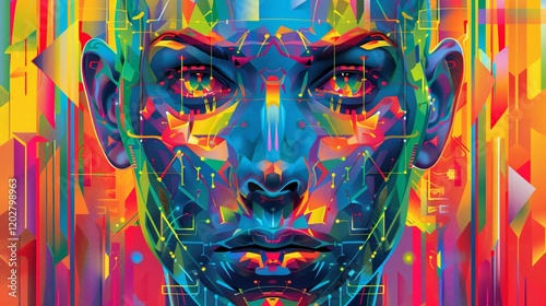 Caucasian cyborg with weird and flashy design, rainbow colored simple background, adult face
