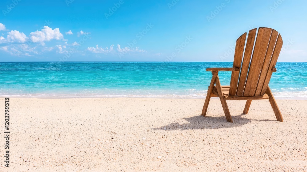 Relaxing wooden chair on sunny beach; ocean view. Ideal for travel brochures Relaxing wooden chair on sunny beach; ocean view. Ideal for travel brochures