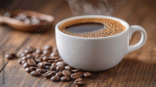 Steaming cup of black coffee with beans.