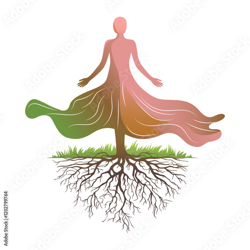 Tree woman roots vector, abstract woman tree roots vector Design, meditation, Design