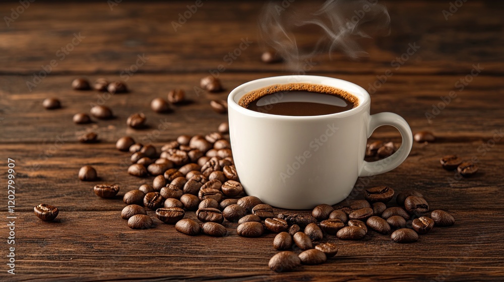 Steaming cup of coffee on roasted beans. Steaming cup of coffee on roasted beans.