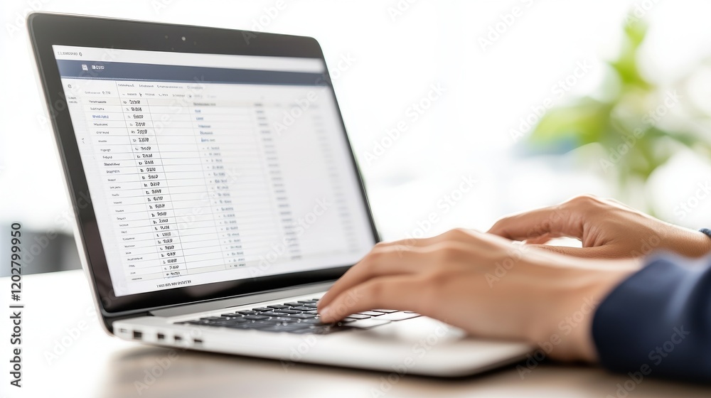 close-up person working laptop financial spreadsheets concept. Hands typing on a laptop with a spreadsheet on the screen. close-up person working laptop financial spreadsheets concept. Hands typing on a laptop with a spreadsheet on the screen.