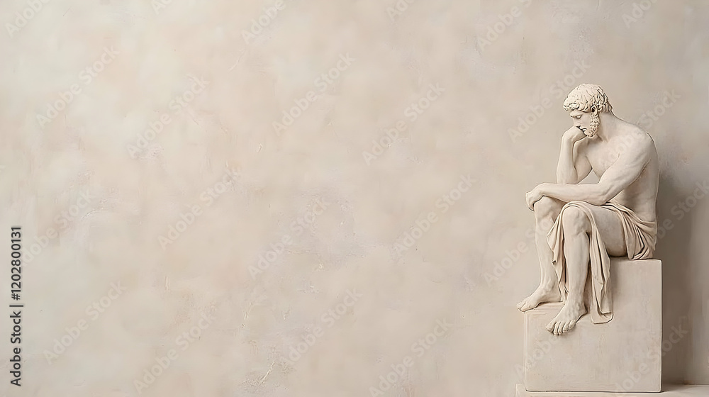 Naklejka premium Contemplative marble statue, seated, thoughtful pose, beige background, ideal for philosophy, psychology concepts