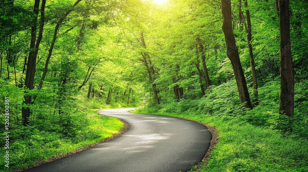 Fototapeta premium A road winding through a lush forest with sunlight breaking through the trees, symbolizing hope and success.