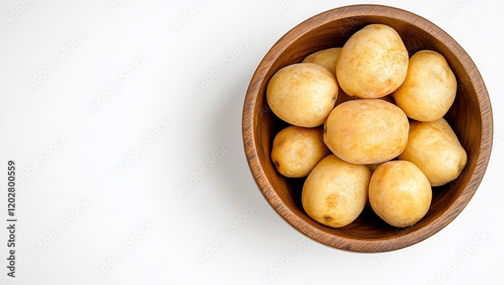 Yellow potatoes in wooden bowl, white background. Food photography for recipe blogs Yellow potatoes in wooden bowl, white background. Food photography for recipe blogs