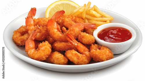 Wallpaper Mural Crispy fried shrimp, french fries, and ketchup on a white plate.  Perfect for restaurant menus or food blogs Torontodigital.ca