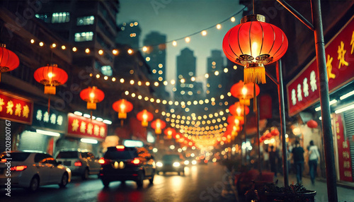 Happy chinese new year with traditional red lantern hanging for celebration, blurred street night background