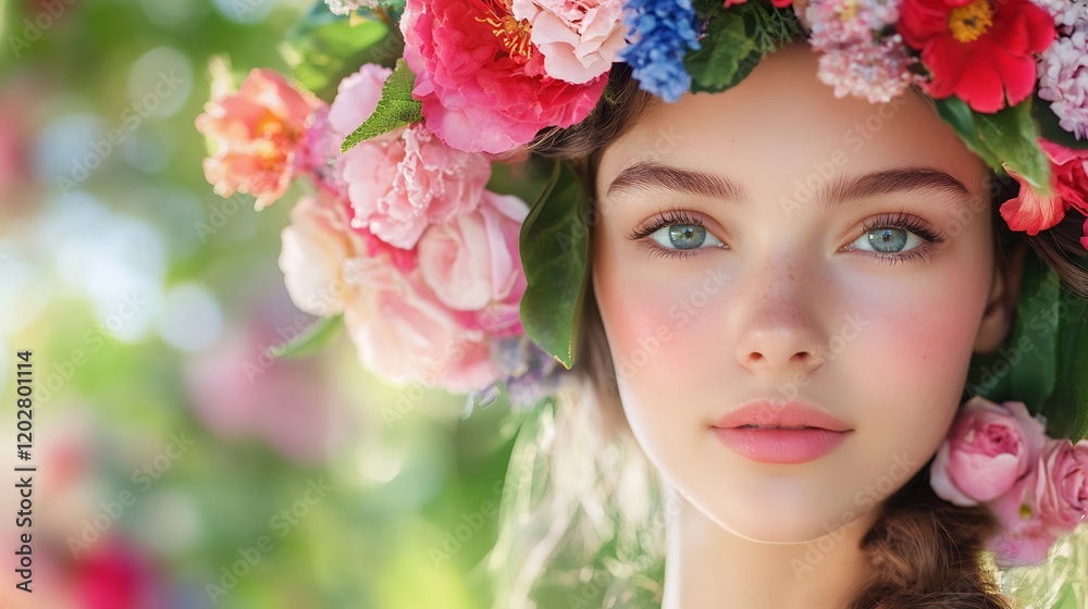 Girl floral crown, spring garden, beauty portrait, nature background, cosmetic ad Girl floral crown, spring garden, beauty portrait, nature background, cosmetic ad