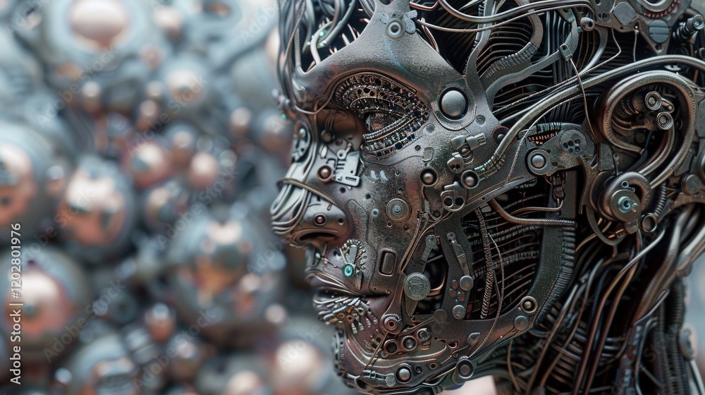 Obraz premium Enamel cyborg surface, shiny and detailed, complex brain structure with cables