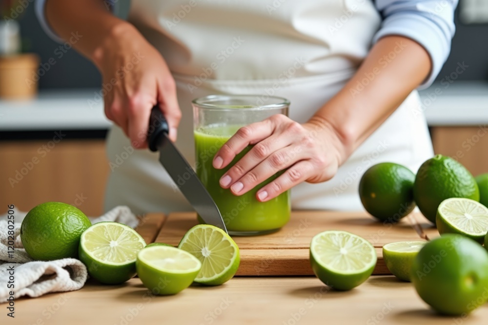 A Fresh and Healthy Lime Juice Preparation: Slicing Limes for a Refreshing Beverage in a Modern Kitchen Setting A Fresh and Healthy Lime Juice Preparation: Slicing Limes for a Refreshing Beverage in a Modern Kitchen Setting