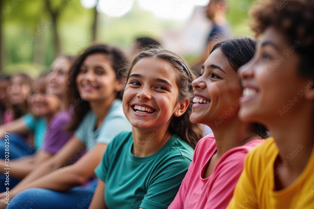 Joyful Girls in Colorful T-Shirts Smiling and Laughing Together in Nature, Celebrating Friendship and Youthful Happiness Joyful Girls in Colorful T-Shirts Smiling and Laughing Together in Nature, Celebrating Friendship and Youthful Happiness