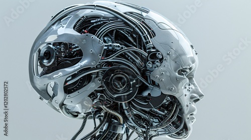 Highly detailed cyborg brain, shiny like ceramic, many cables and wires photo