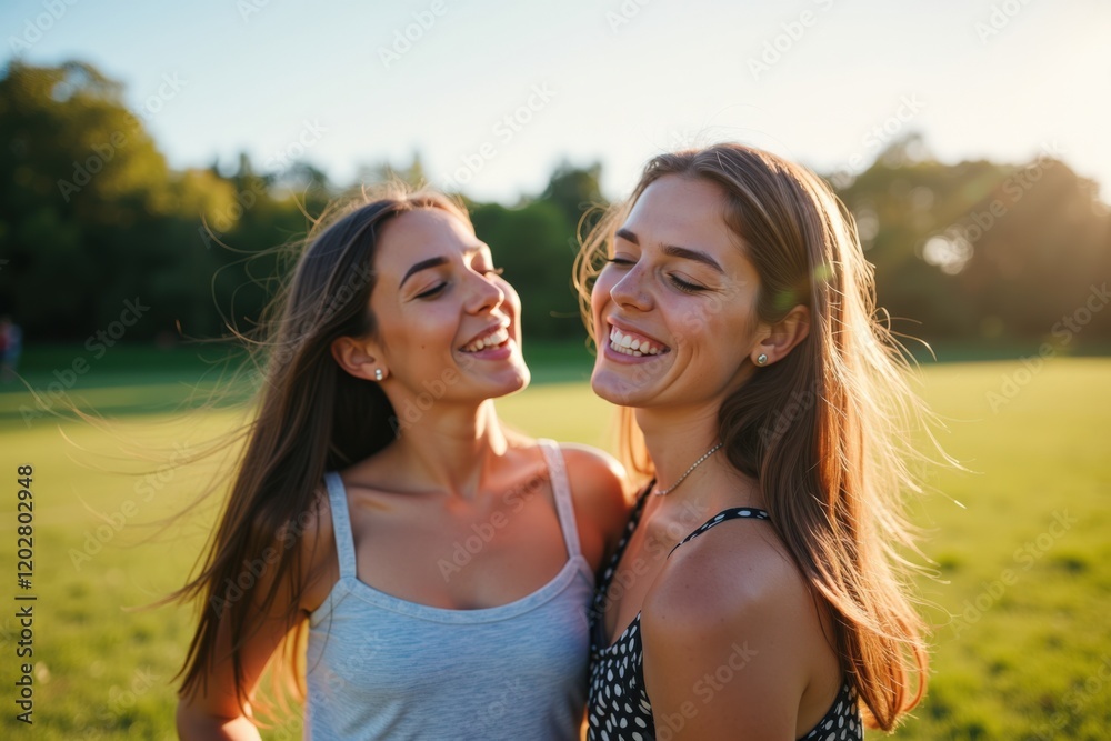 Joyful Young Women Smiling Together in a Sunlit Park, Celebrating Friendship and Happiness Amidst Nature's Beauty Joyful Young Women Smiling Together in a Sunlit Park, Celebrating Friendship and Happiness Amidst Nature's Beauty