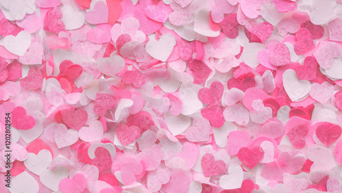 Valentine's Day, A vibrant and heartfelt assortment of pink and white heart-shaped confetti scattered across a surface