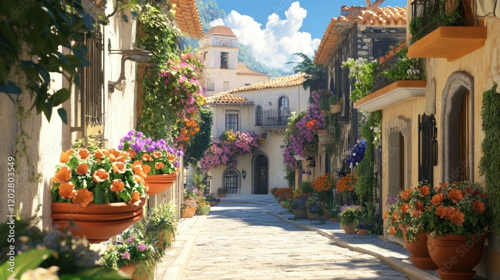 Fototapeta premium A photorealistic scene of colonial architecture with wide streets, detailed stucco designs, and vibrant flowers in window boxes under bright sun, 4K render