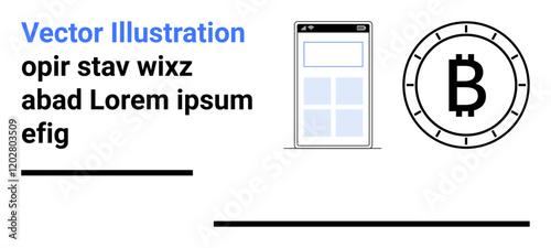 Mobile device screen with app layout, Bitcoin symbol, placeholder text, and horizontal lines. Ideal for digital finance, mobile app design, cryptocurrency, web interfaces, blockchain, tech
