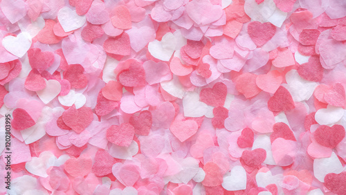 Valentine's Day, A vibrant and heartfelt assortment of pink and white heart-shaped confetti scattered across a surface