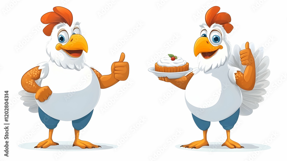 Obraz premium Happy cartoon roosters giving thumbs up, one holding a cake, against white background; ideal for food, restaurant, or farm branding