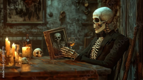 Wallpaper Mural A skeleton in a formal suit sitting at a long wooden table, holding a whisky glass while reading a book with a frightening image, with candles and skulls nearby. Torontodigital.ca