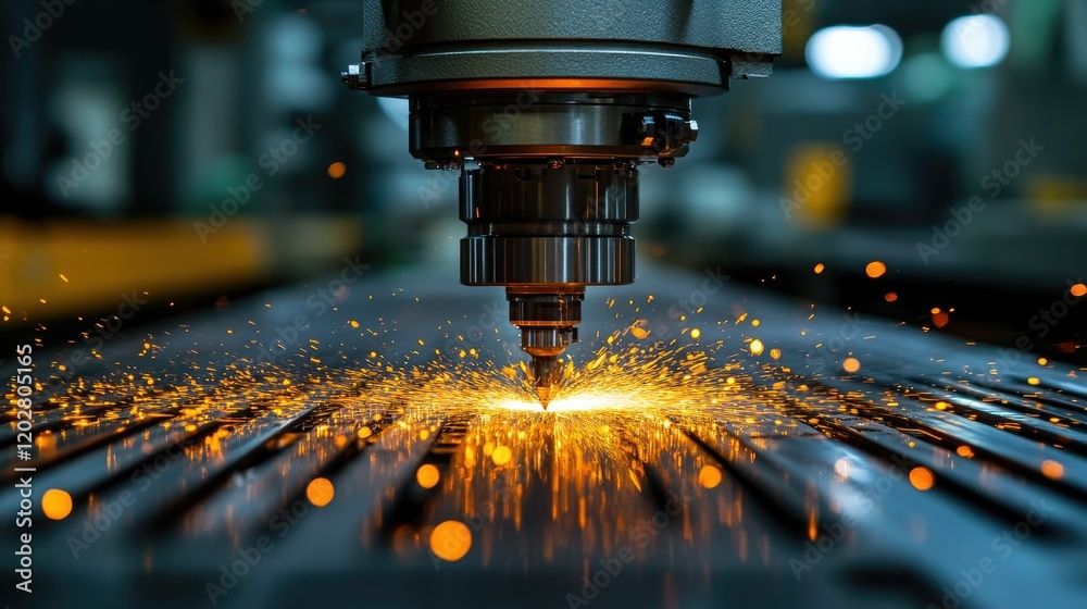 A close-up of a laser cutting machine creating sparks on a metal surface. A close-up of a laser cutting machine creating sparks on a metal surface.