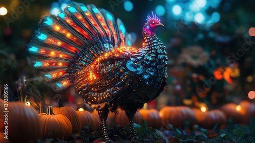 A solitary mecha turkey with glowing details and multicolor feathers, standing near a pumpkin patch on Thanksgiving evening, 4K photorealistic