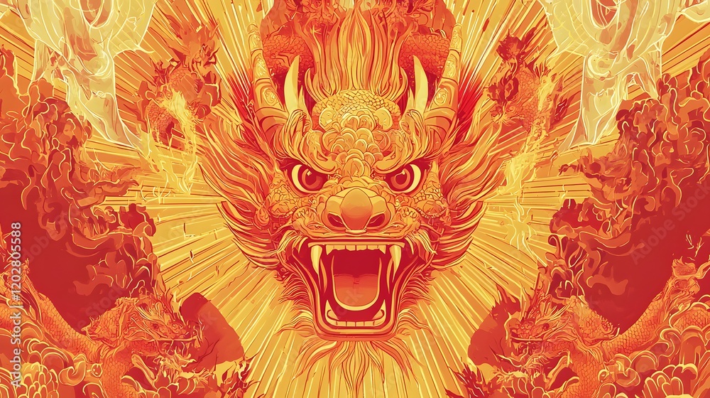 Fototapeta premium Fiery Dragon Head Chinese Mythology Art Orange Gold Detailed Illustration