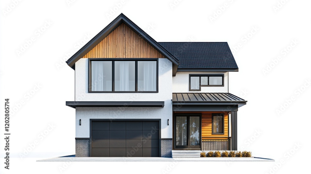 A stylish two-story house with clean architectural lines, a mix of gray and wood exteriors, and a parking area to the right, isolated on a white background, 4K render A stylish two-story house with clean architectural lines, a mix of gray and wood exteriors, and a parking area to the right, isolated on a white background, 4K render