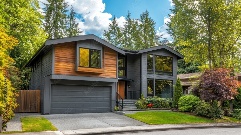 A stylish two-story house with gray stucco walls, wooden siding, and a parking area on the right side, large windows allowing natural light, 4K vivid realism A stylish two-story house with gray stucco walls, wooden siding, and a parking area on the right side, large windows allowing natural light, 4K vivid realism