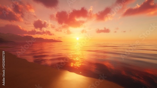 Vibrant sunset over calm ocean, reflecting on sandy beach.