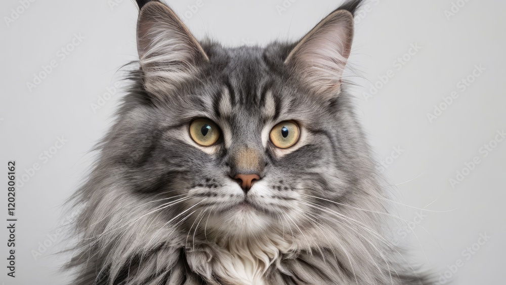 Portrait of Blue maine coon cat on grey background Portrait of Blue maine coon cat on grey background