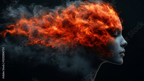 Artistic representation of woman profile with fiery hair, symbolizing passion and creativity. flames blend with smoke, creating dramatic and surreal effect