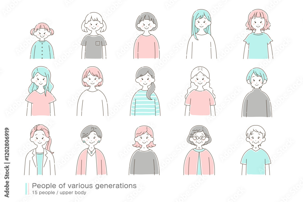 さまざまな世代の女性[上半身]のゆるいイラスト(セット)
