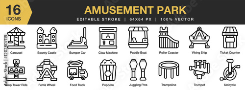Amusement Park icon set. Editable Stroke Icon Collection. Includes amusement, park, carousel, carnival, funfair, attraction, and More. Outline icons vector collection.