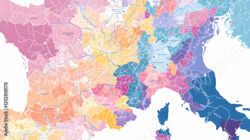 Pastel-colored map of France's historical regions.  Illustrative background for history textbooks, websites or articles photo