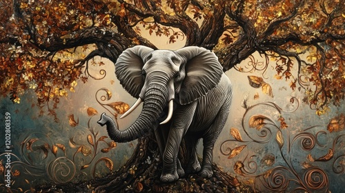 An African elephant standing under a large tree with swirling artistic patterns of leaves and vines filling the scene