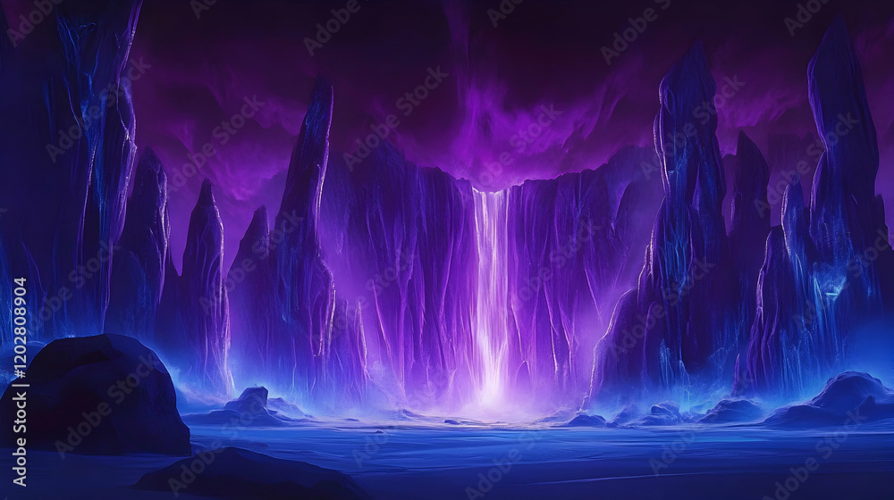 Purple glowing waterfall in alien landscape, digital art, fantasy background, game design Purple glowing waterfall in alien landscape, digital art, fantasy background, game design