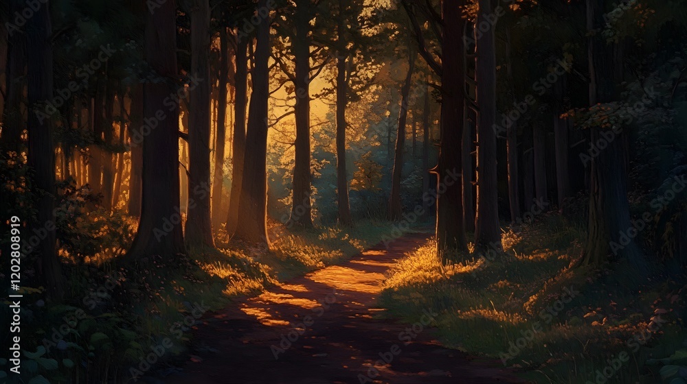 Fototapeta premium Golden Sunlight Illuminates Forest Path Trees