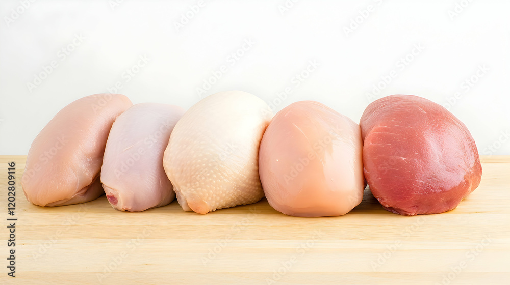 Raw chicken breasts, thighs, and fillets on a wooden cutting board. Food preparation, cooking Raw chicken breasts, thighs, and fillets on a wooden cutting board. Food preparation, cooking
