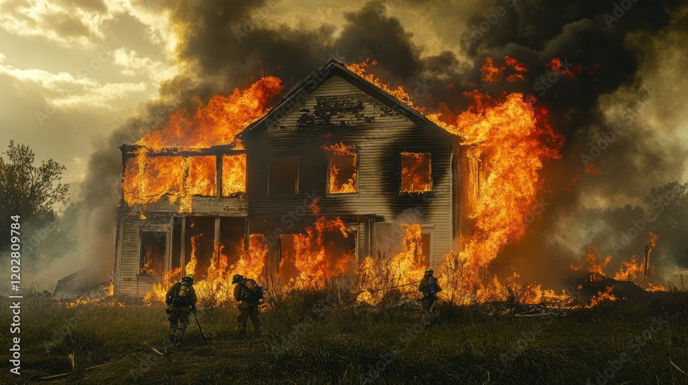 Obraz premium Firefighters training during a controlled burn of a house, with intense flames and thick black smoke rising into the air, Palmyra, Nebraska, 4K photorealistic