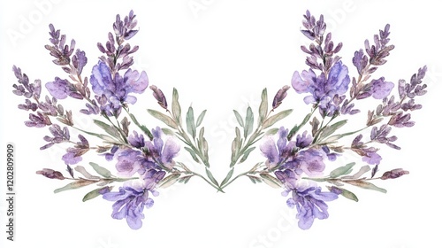 Fototapeta Naklejka Na Ścianę i Meble -  76.A vintage-style watercolor set featuring delicate lavender flowers, arranged in symmetrical patterns with organic, flowing shapes on a crisp white background.