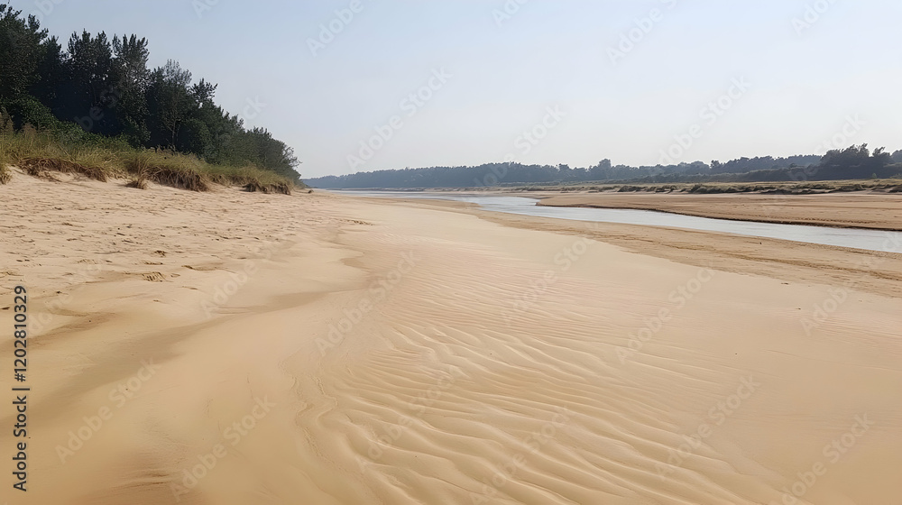 Sandy riverbank, calm water, coastal trees, tranquil scene, nature background, travel photography Sandy riverbank, calm water, coastal trees, tranquil scene, nature background, travel photography