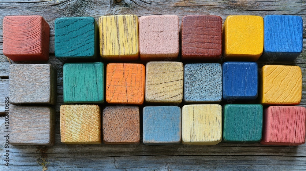 A colorful arrangement of wooden blocks on a rustic surface, ideal for play and creativity. A colorful arrangement of wooden blocks on a rustic surface, ideal for play and creativity.