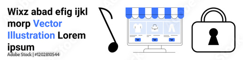 Storefront with blue-and-white awning on screen, a music note, and a security lock highlighting privacy. Ideal for e-commerce, security, digital transactions, online stores, music sales, web shops
