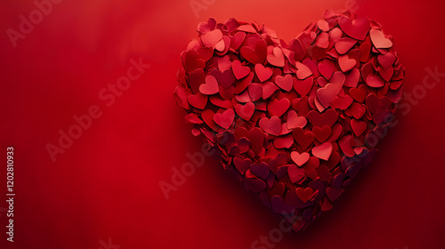 Heart Shape Made of Red Paper Hearts on Vibrant Red Background