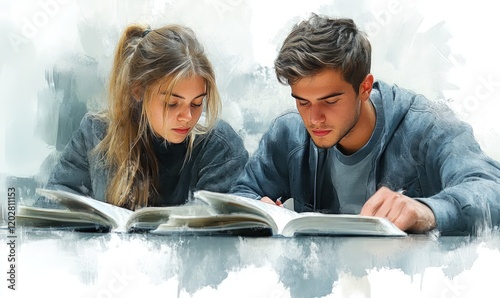 Young couple studying together, focused on books.
