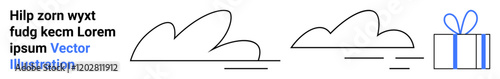 Two simple cloud sketches and a gift box with a ribbon, complemented with dummy text. Ideal for celebrations, weather forecasts, special announcements, minimalist branding, creative presentations